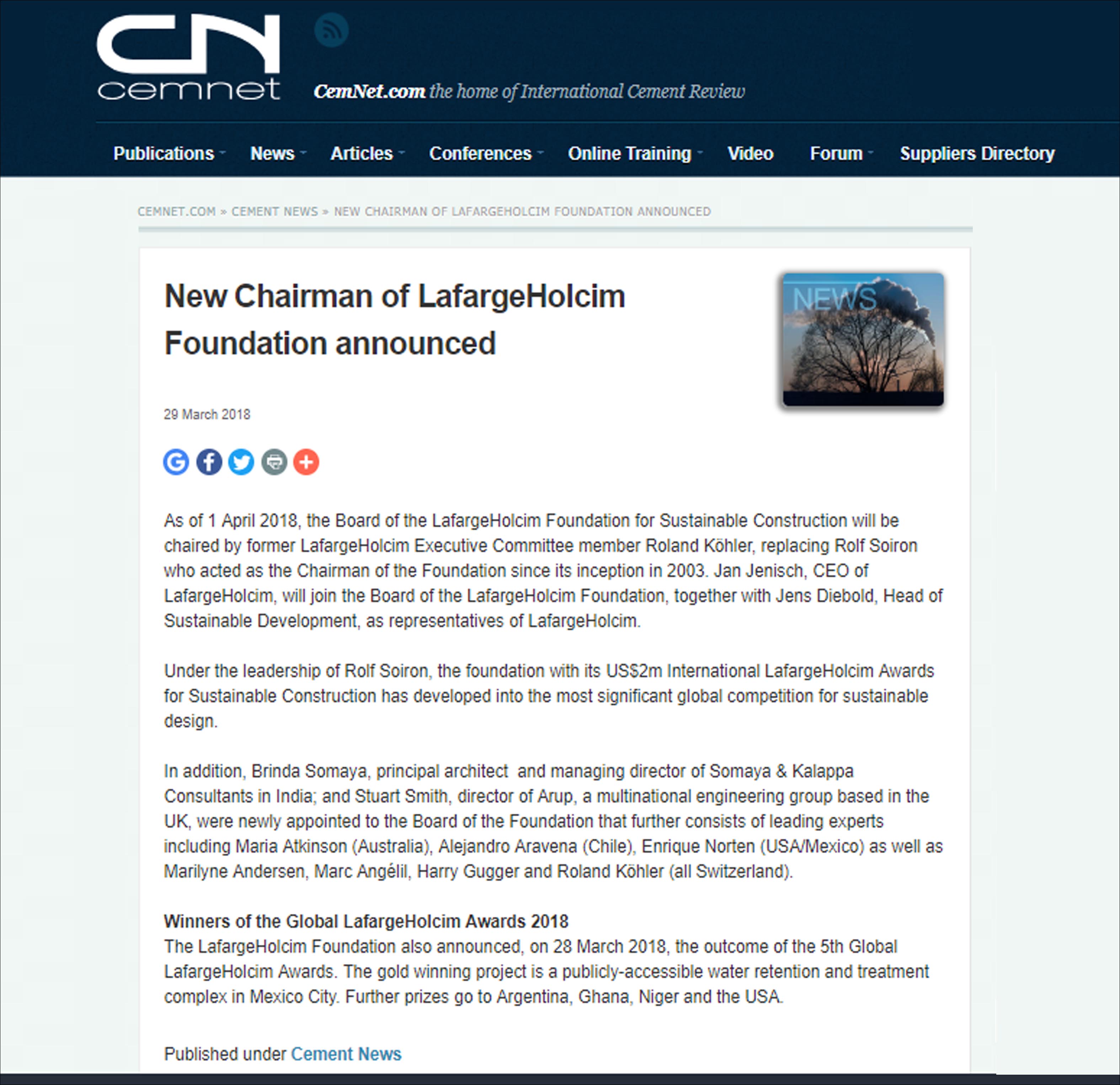 New Chairman of Lafarge Holcim Foundation announced ,CN Cemnet - March 2018